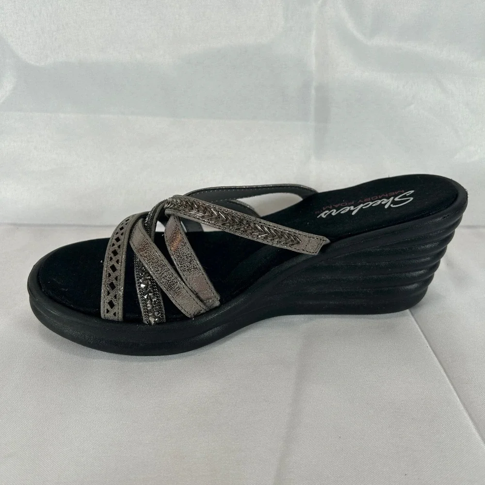 Skechers Rumblers Sci-Fi Wedge Sandals Pewter Metallic Strappy Rhinestone Size 7